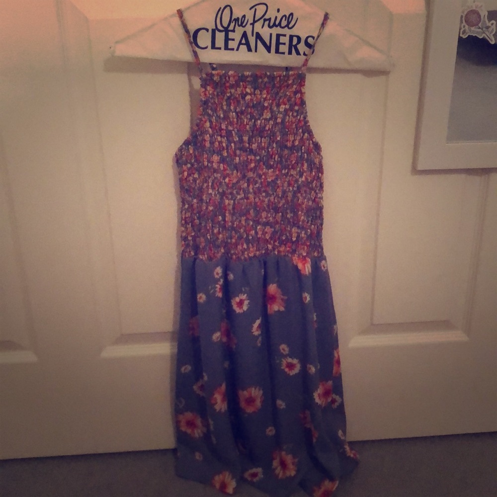 Blue High Neck Dress with Pink Flowers